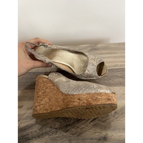 Jimmy Choo Prova Snake Print Silver Metallic Cork Wedges Heels Size 36.5 - Picture 5 of 10